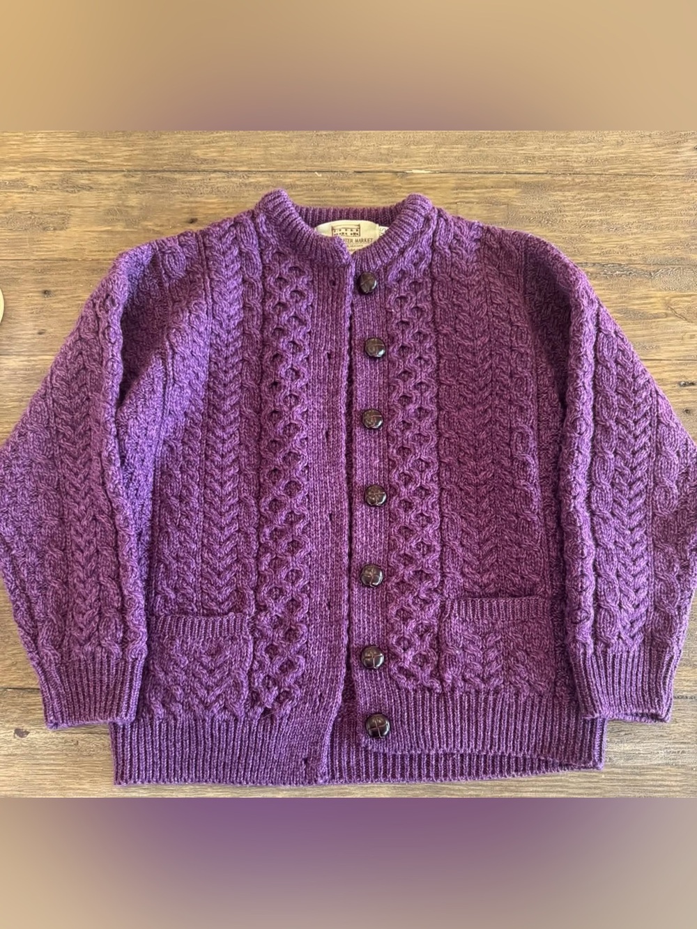 Aran Sweater Market 100% Merino Wool Irish Fisherman Cardigan Purple